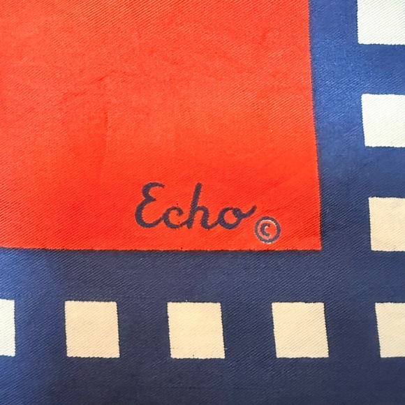 Vintage Echo Red, White & Blue Geometric Scarf – Hand Rolled Edges - Picture 6 of 8